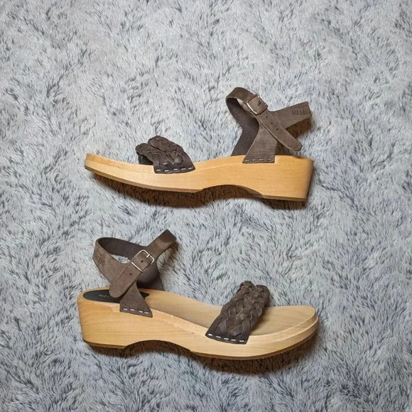 Swedish Hasbeens Brown Sandals Tan Wooden Leather Open Toe Clogs Size 40 US 10 - Picture 3 of 12
